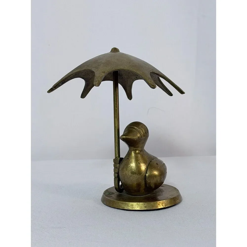 Vintage Brass Rubber Duck Holding Umbrella India Decor Mid Century Decor 5